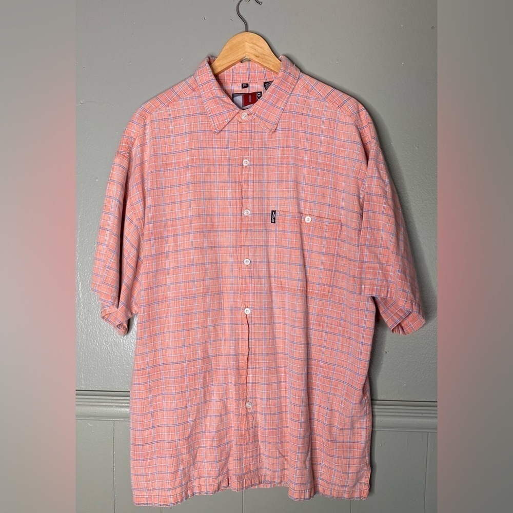 LOCO Mens 2XL Short Sleeve Button Down Casual  Orange and Blue  Dress Shirt